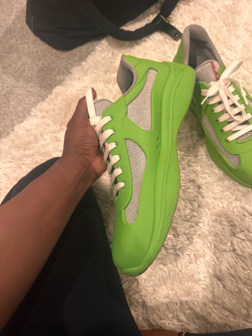Prada Men's Lime Green and Grey Low-Top Sneakers - Picture 4 of 7